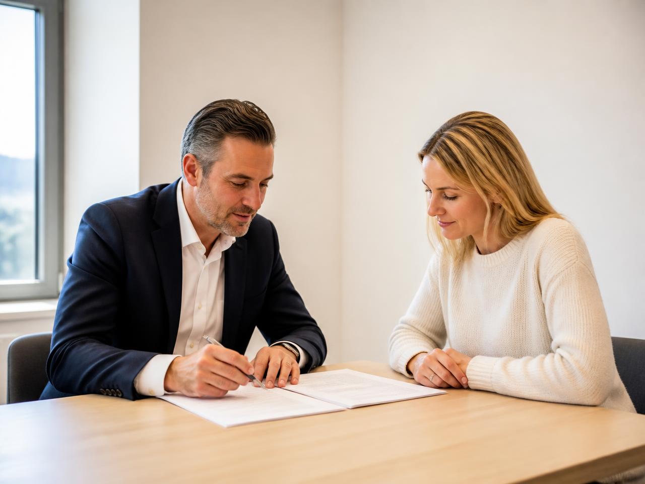 Berater und Kundin besprechen am Tisch die Unterlagen eines Privatkredits